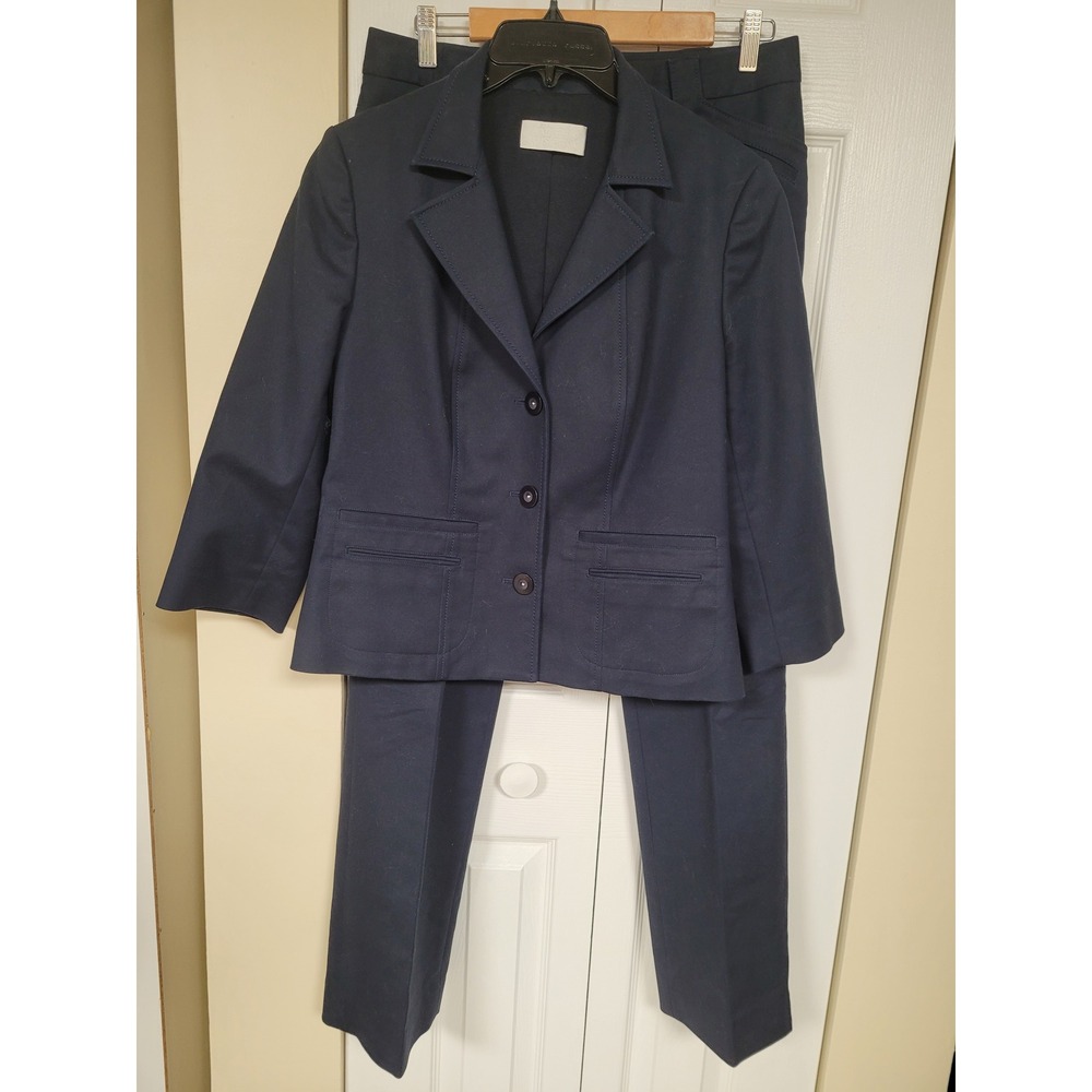 Badgley Mischka Navy‎ Cotton Tailored Blazer & Pants Suit Set Size 2Petite